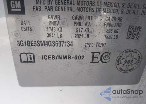 2016 Chevrolet Cruze Lt Auto из США, поврежденный, VIN 3G1BE5SM4GS607134